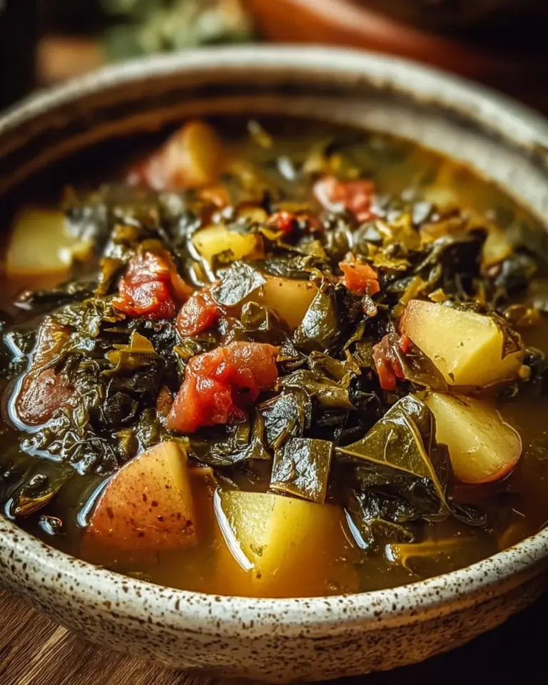 Bowl of Southern collard green potato stew garnished with herbs.