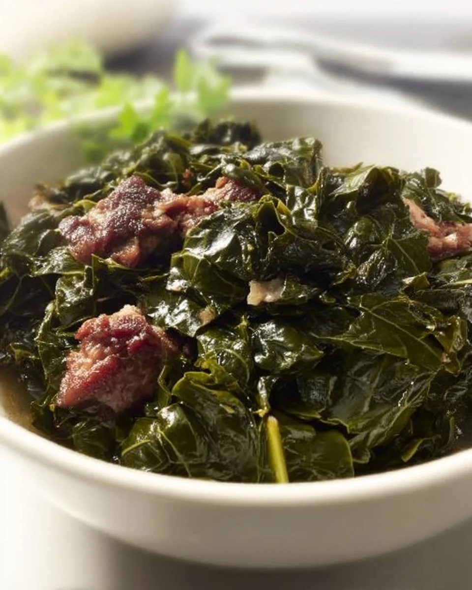 Southern collard greens with smoked turkey and bacon served in a bowl