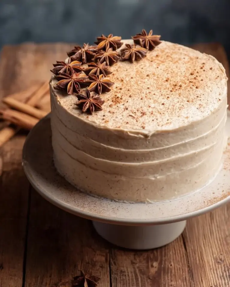 Delicious spiced chai cake topped with creamy frosting and garnishes