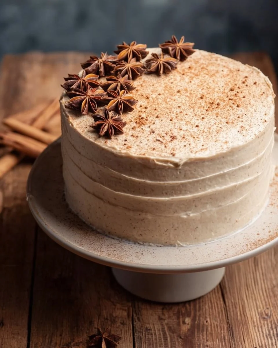 Delicious spiced chai cake topped with creamy frosting and garnishes