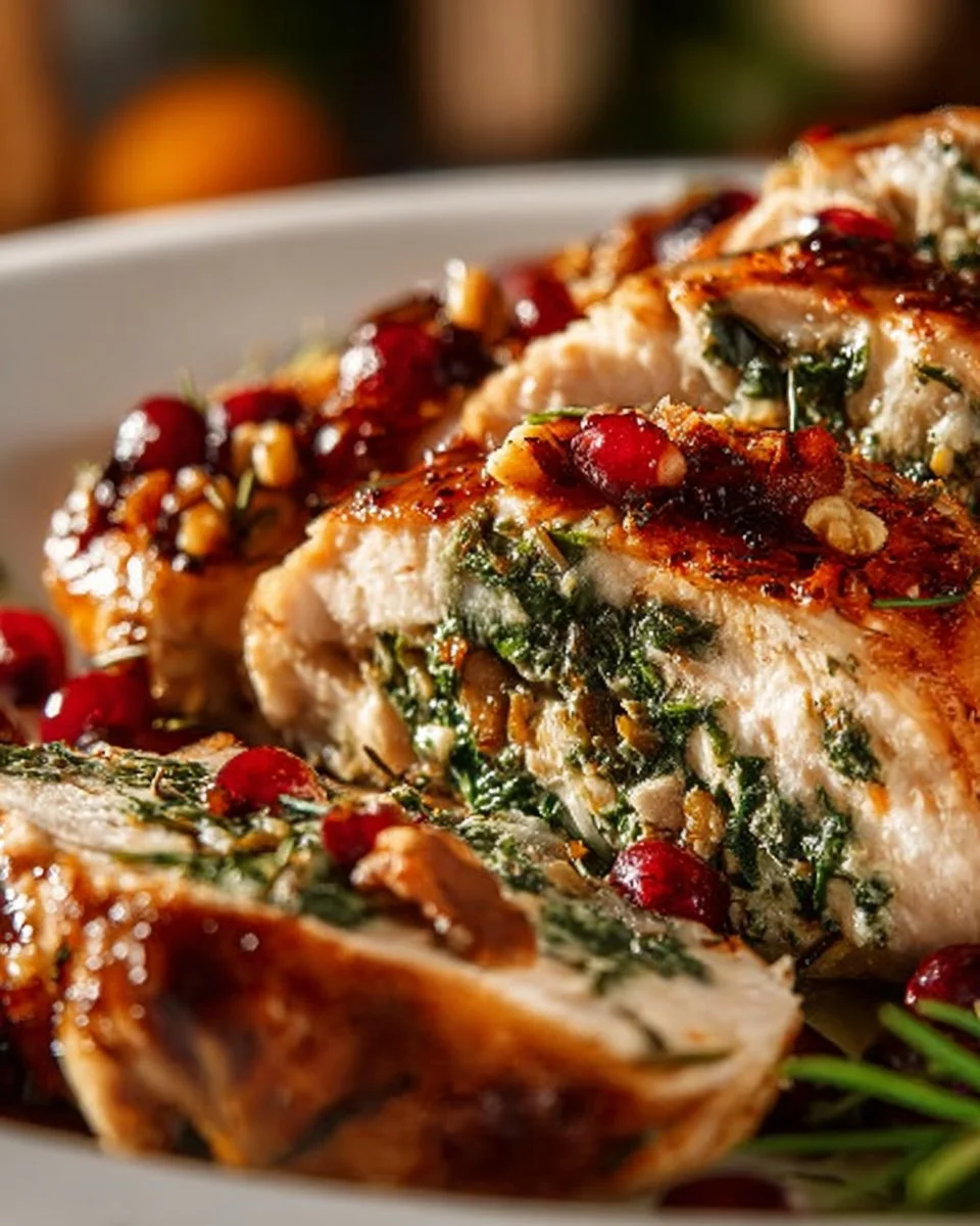 Spinach and cranberry stuffed chicken breasts ready to serve.