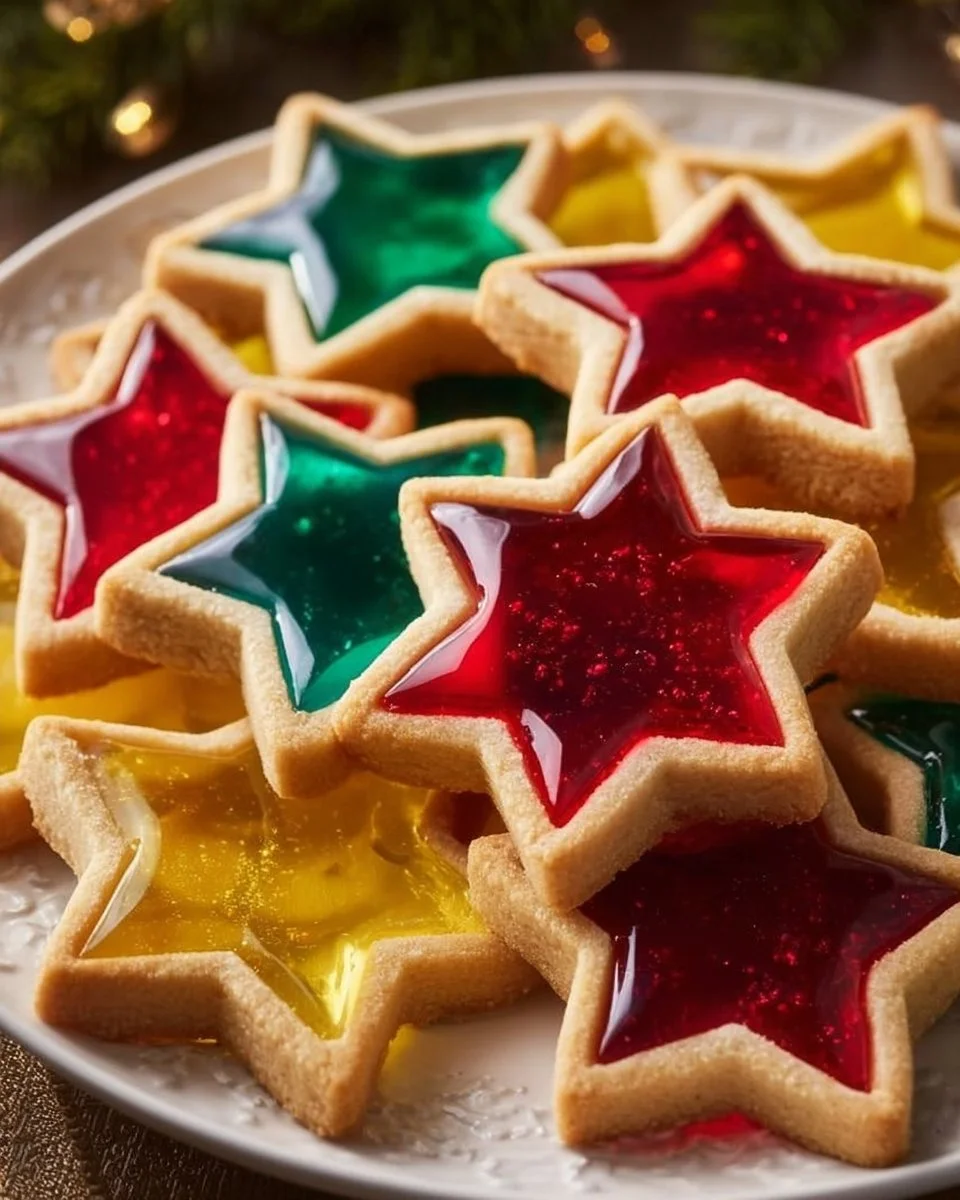 Colorful stained glass cookies, showcasing shapes and translucent candy centers.