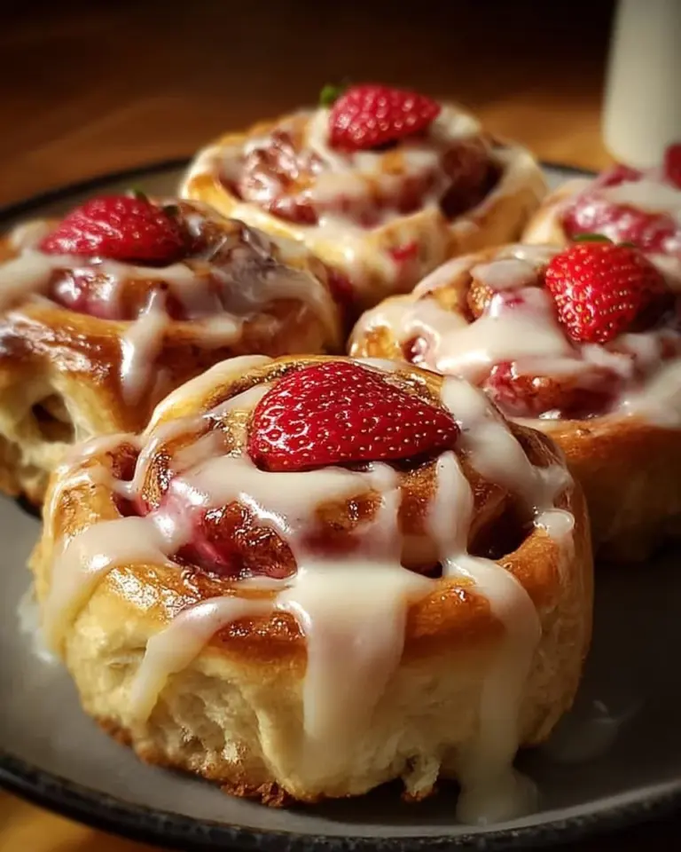 Delicious Strawberry Cheesecake Cinnabon Rolls topped with creamy icing