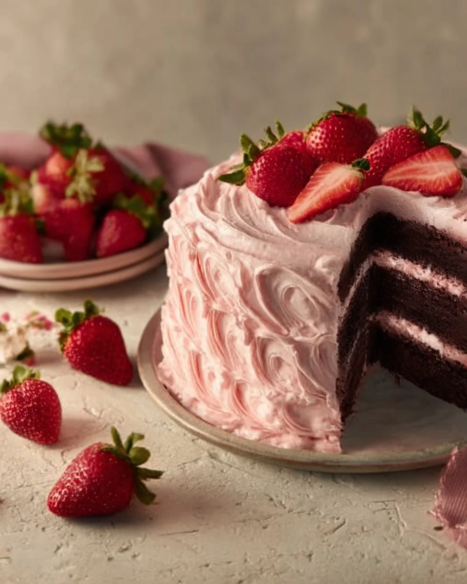 Delicious strawberry chocolate cake adorned with fresh strawberries and chocolate drizzle.