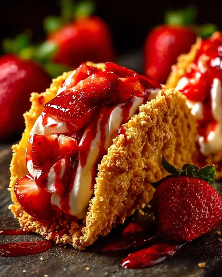 Strawberry crunch cheesecake tacos with a crispy shell and creamy filling