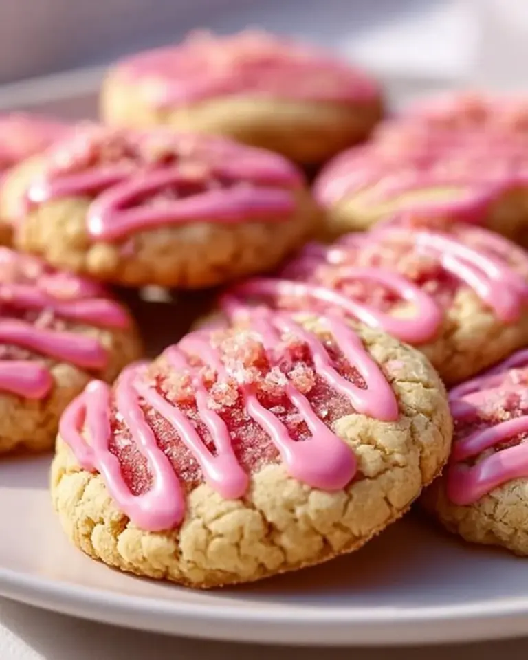 Delicious Strawberry Crunch Cookies on a plate garnished with fresh strawberries.