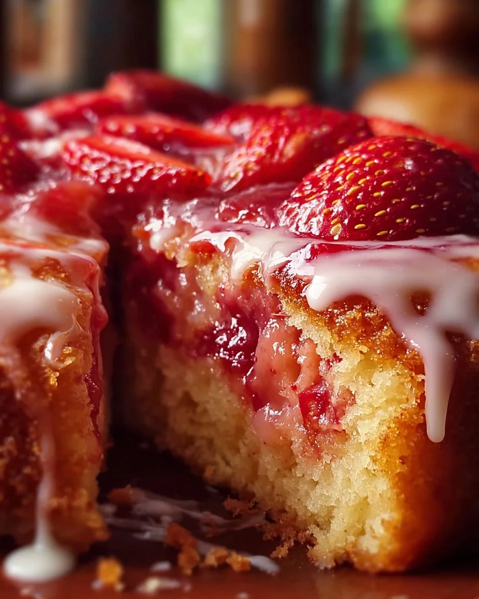 Delicious Strawberry Honeybun Cake served on a plate with fresh strawberries