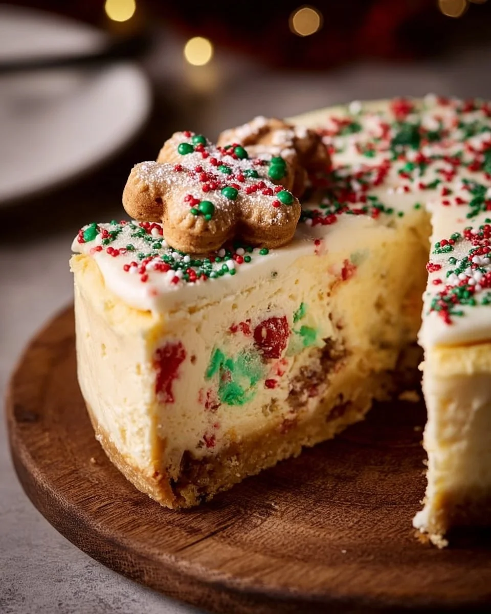 A slice of Sugar Cookie Cheesecake topped with colorful sprinkles on a festive plate.