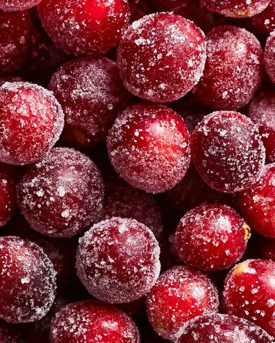 Bowl of homemade sugared cranberries garnished with mint leaves