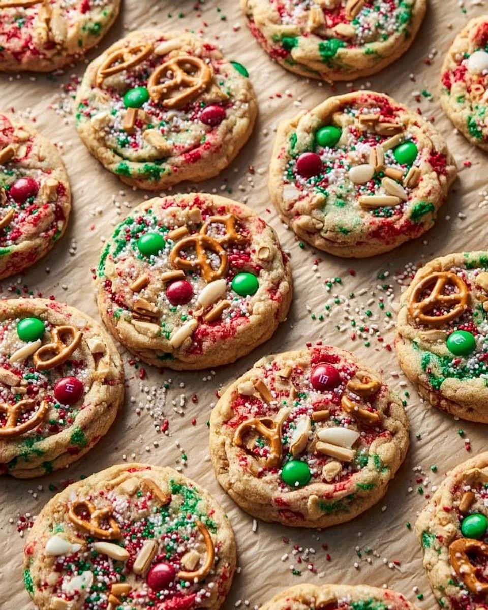 Assorted sweet and salty Christmas cookies on a festive platter