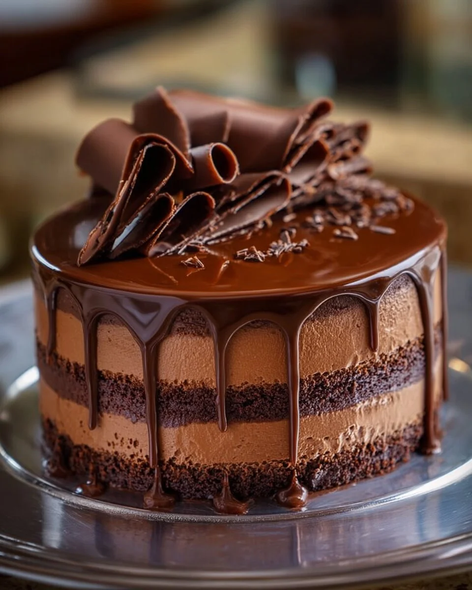 Decadent triple chocolate mousse cake topped with chocolate shavings.