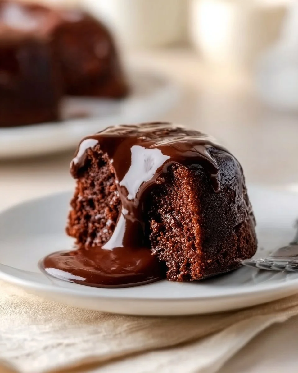 Delicious Tunnel of Fudge Cake topped with chocolate glaze on a plate