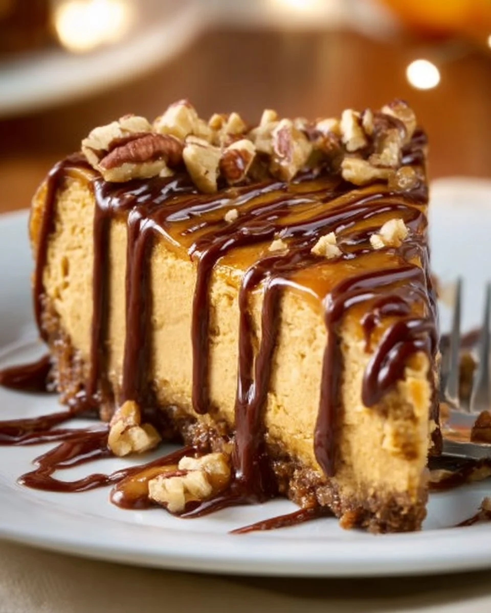 Delicious Turtle Pumpkin Cheesecake perfect for Thanksgiving dessert