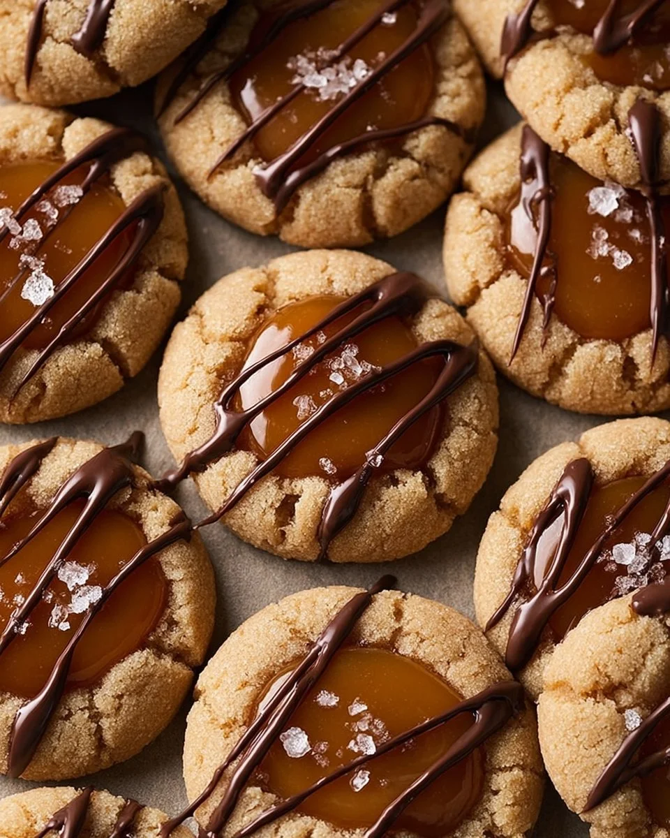 Delicious Twix Thumbprint Cookies with caramel and chocolate topping