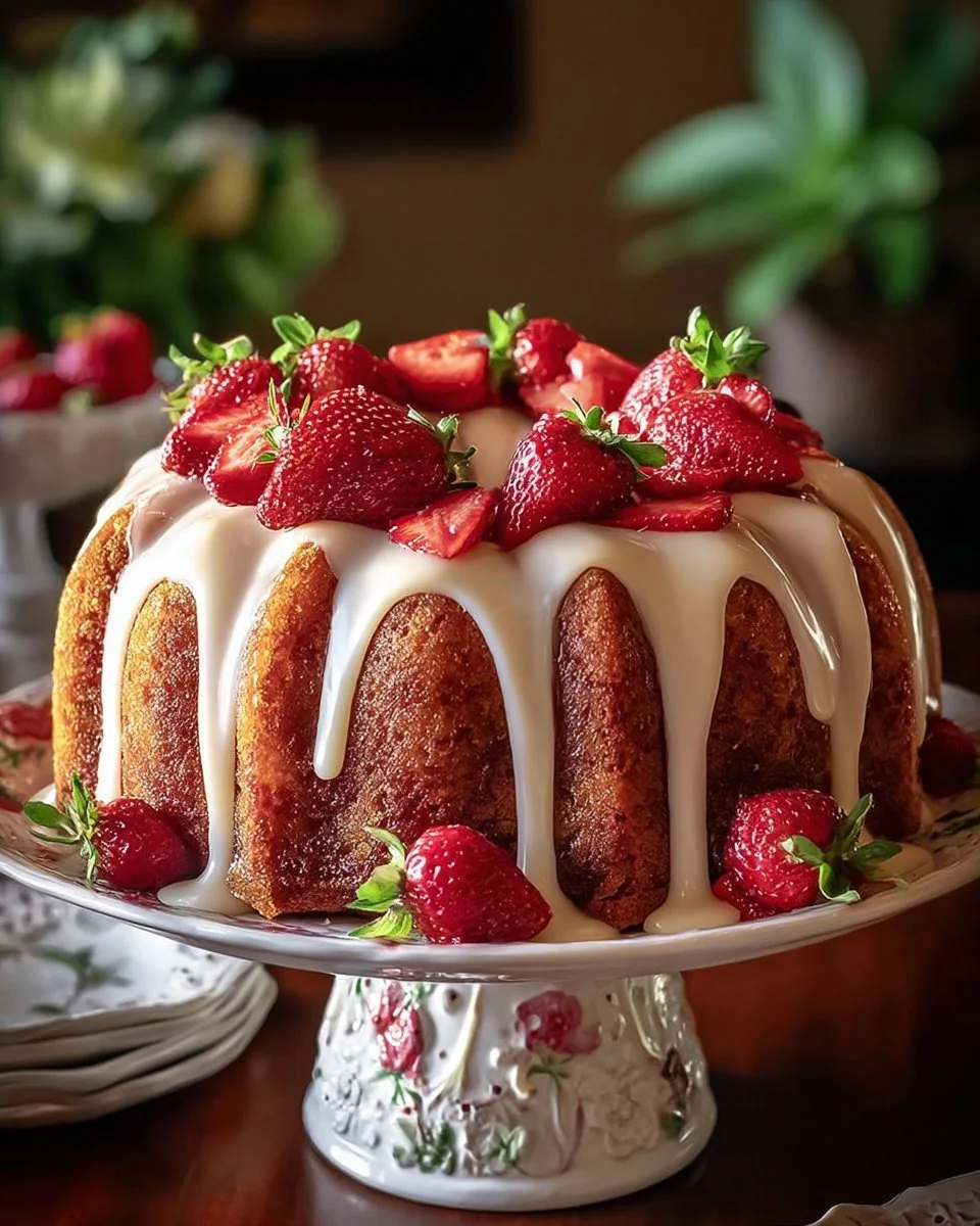 Slice of ultimate strawberry cream cheese pound cake topped with fresh strawberries