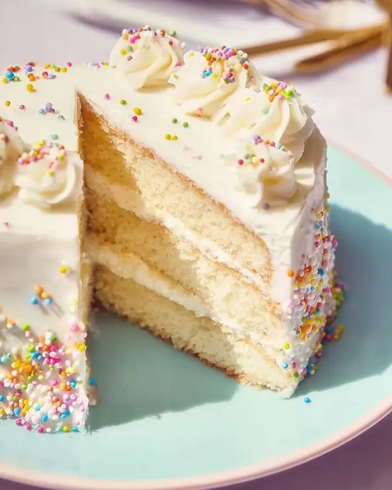 Delicious vanilla cake with smooth vanilla buttercream frosting