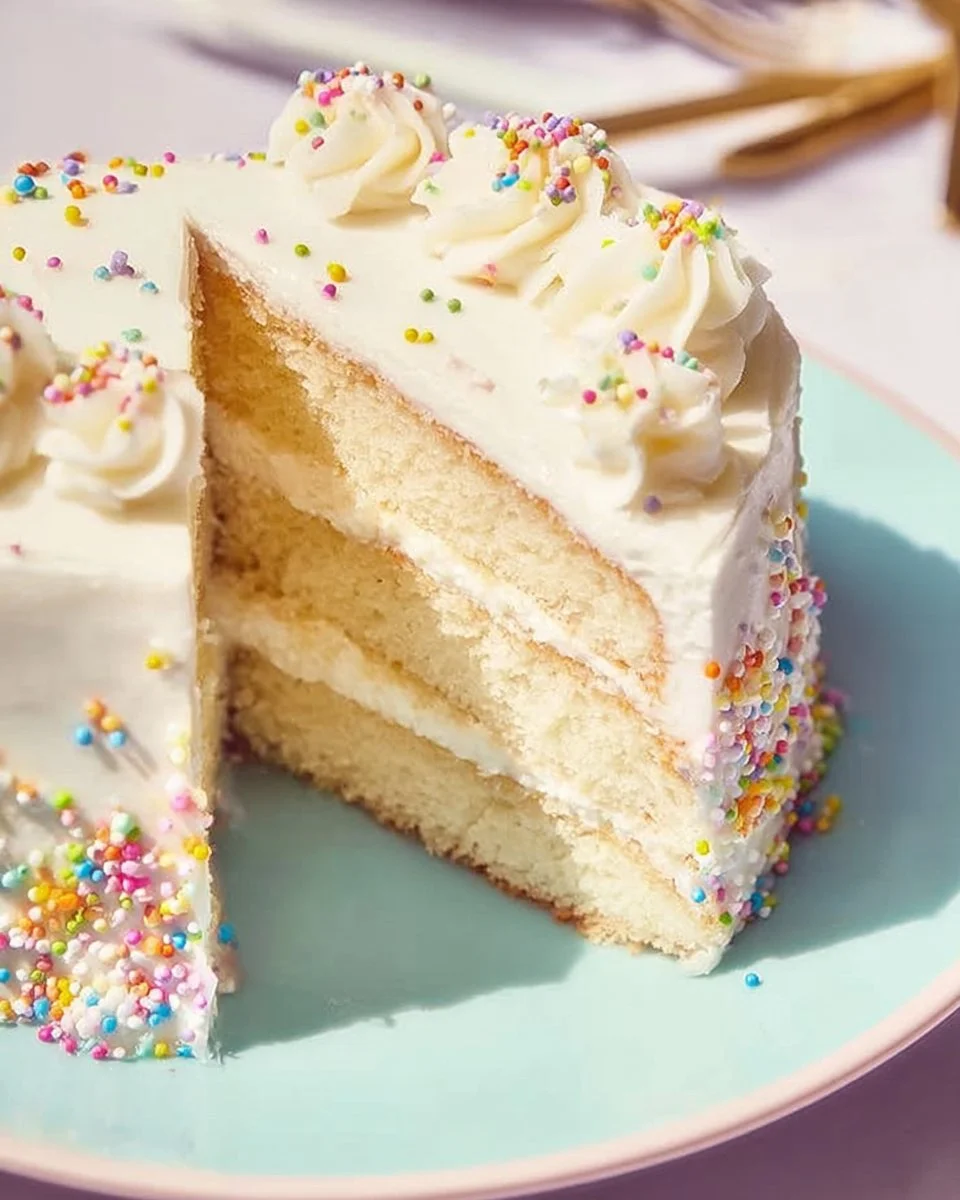 Delicious vanilla cake with smooth vanilla buttercream frosting
