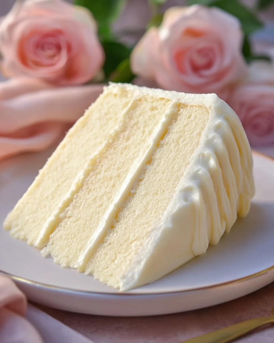 Deliciously moist Vanilla Velvet Cake with creamy frosting