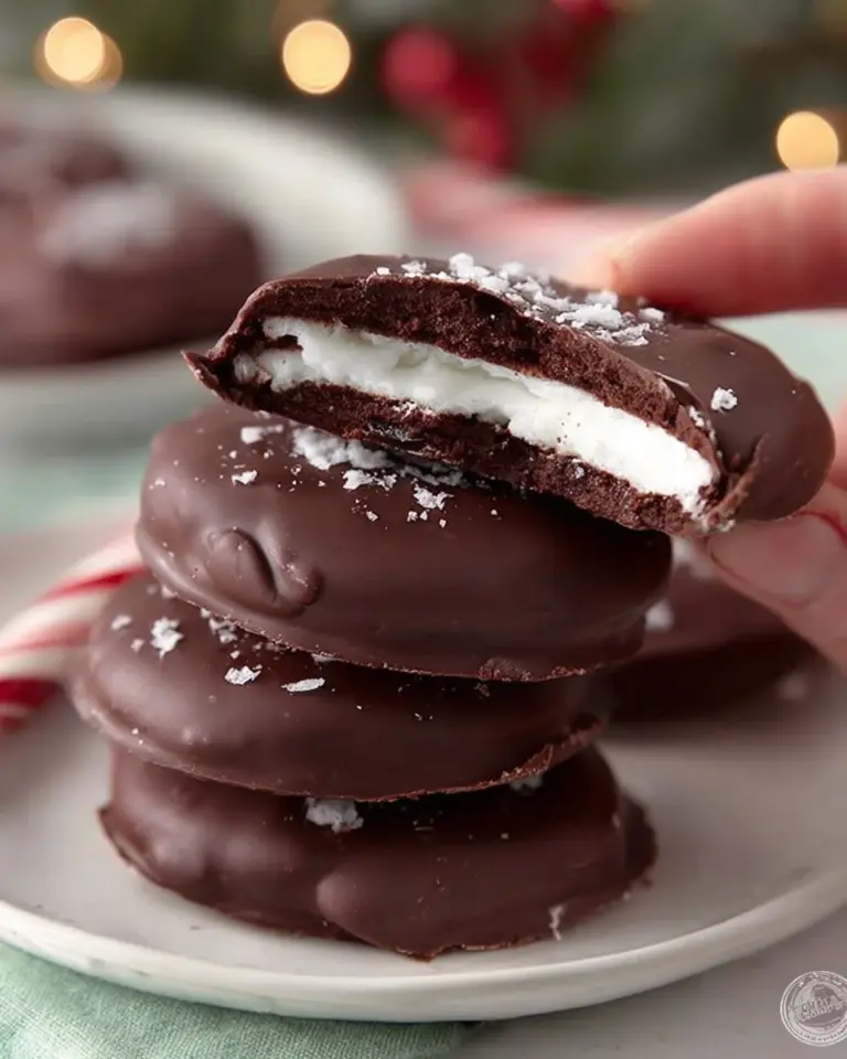 Homemade vegan peppermint patties with mint filling and dark chocolate coating