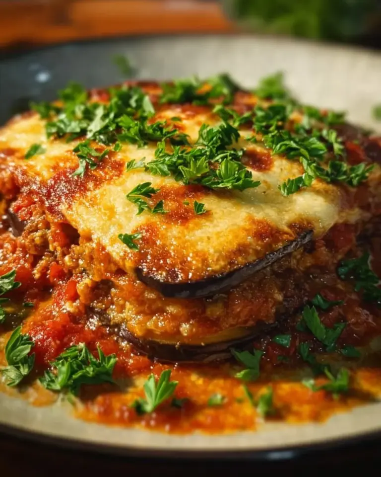 Delicious vegetarian moussaka layered with eggplant and lentils