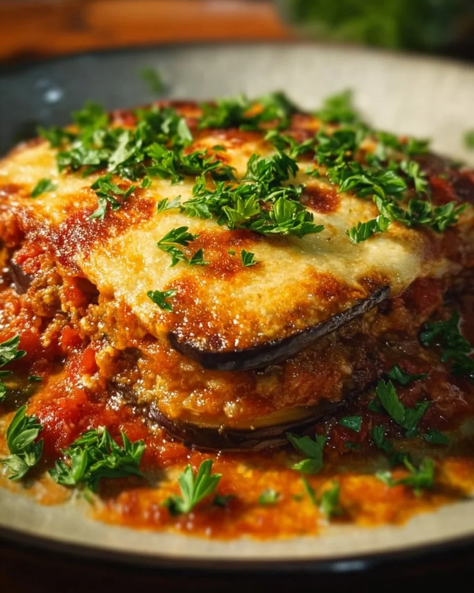Delicious vegetarian moussaka layered with eggplant and lentils