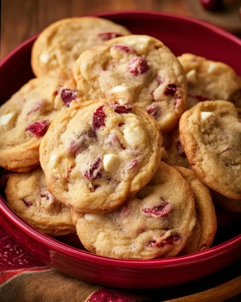 Freshly baked white chocolate cranberry cookies on a cooling rack