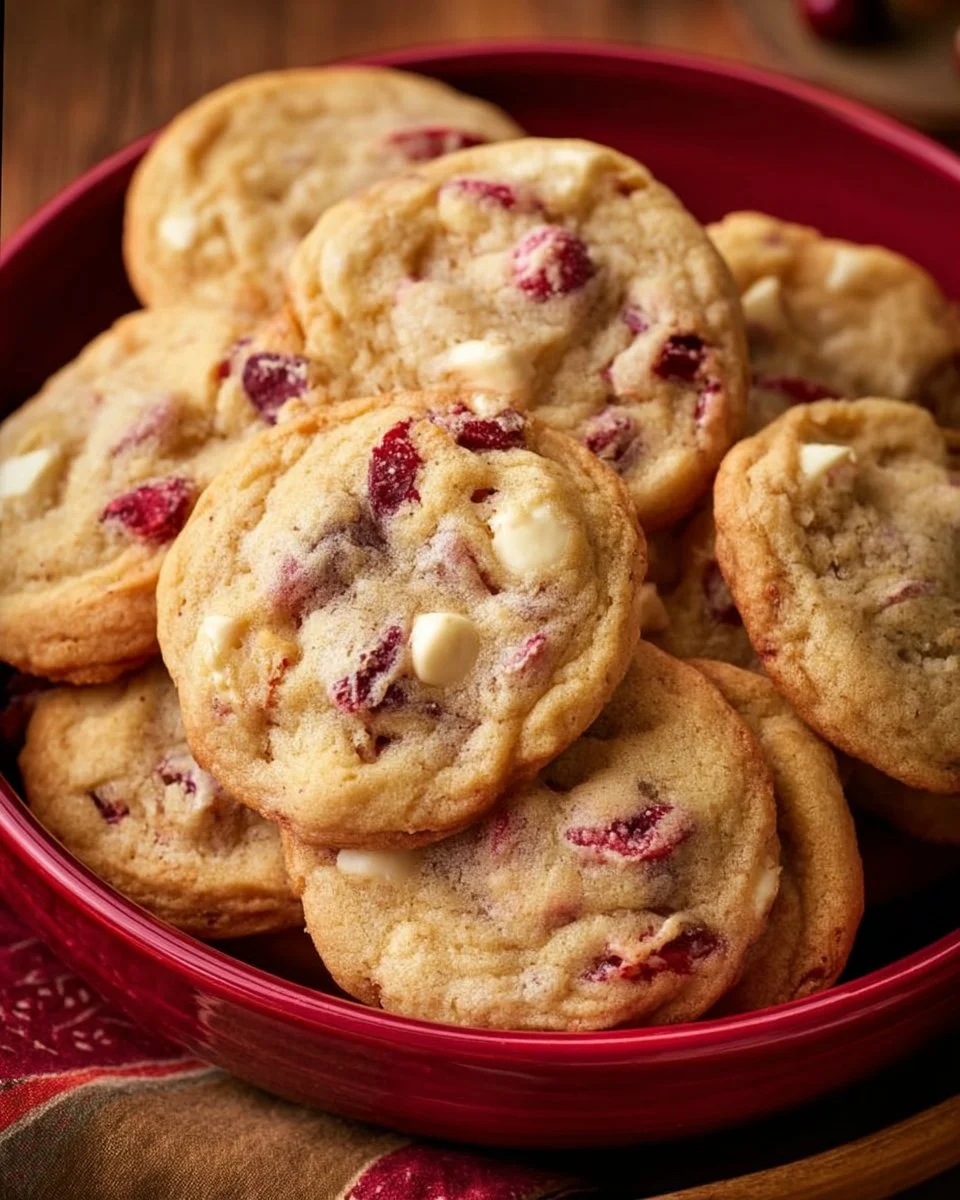Freshly baked white chocolate cranberry cookies on a cooling rack
