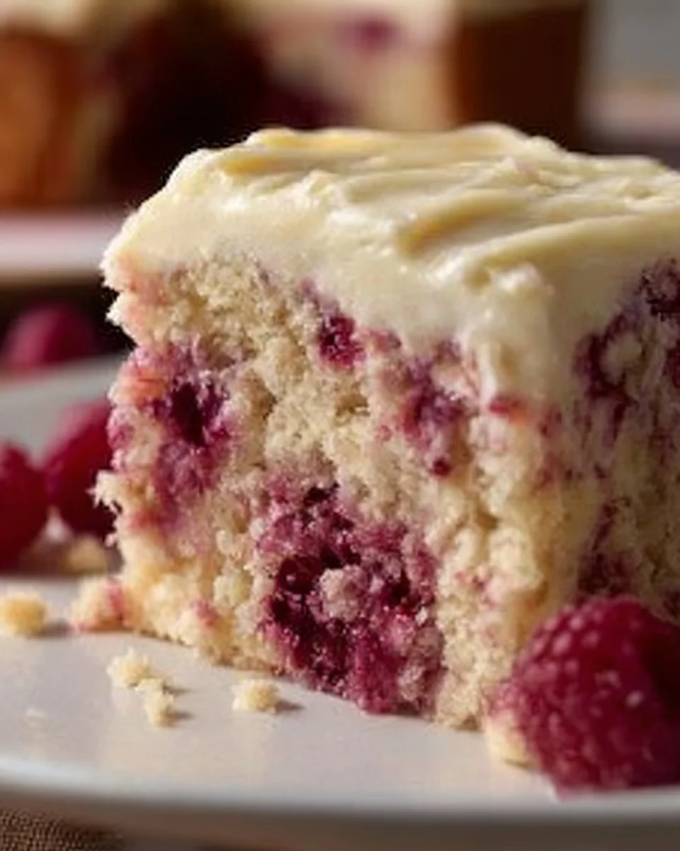 White chocolate raspberry poke cake decorated with chocolate shavings and raspberries