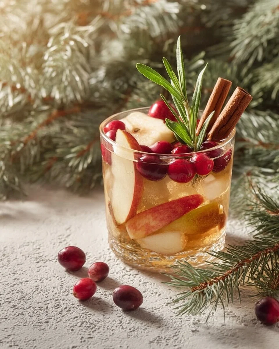 Delicious White Christmas Sangria in a festive glass with fruits