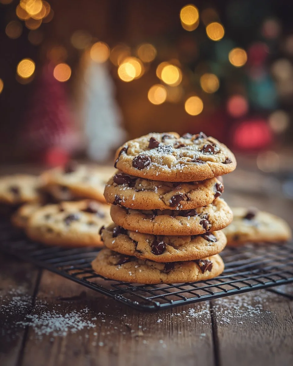 Plate of Winter Wonderland Chocolate Chip Cookies with festive decorations