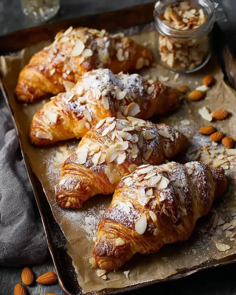 Freshly baked almond croissants with almond cream filling