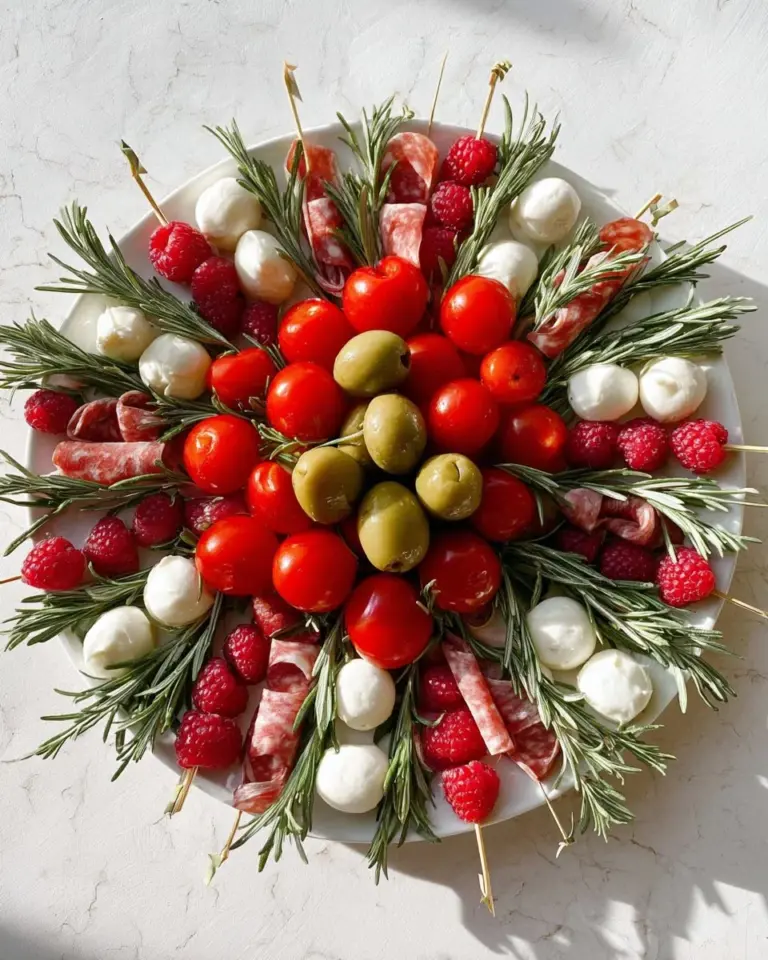 Colorful antipasti Christmas wreath adorned with various cured meats, cheeses, and olives.