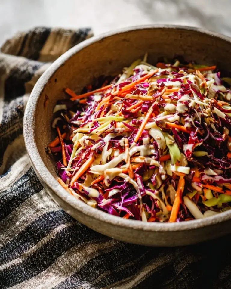 Colorful Asian Slaw Salad with Miso Ginger Dressing served in a bowl
