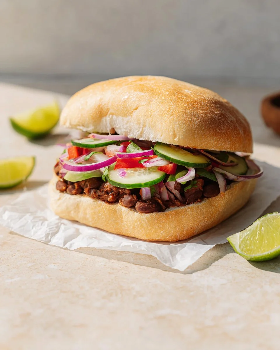 Avocado and black bean tortas on a serving plate, garnished with fresh herbs