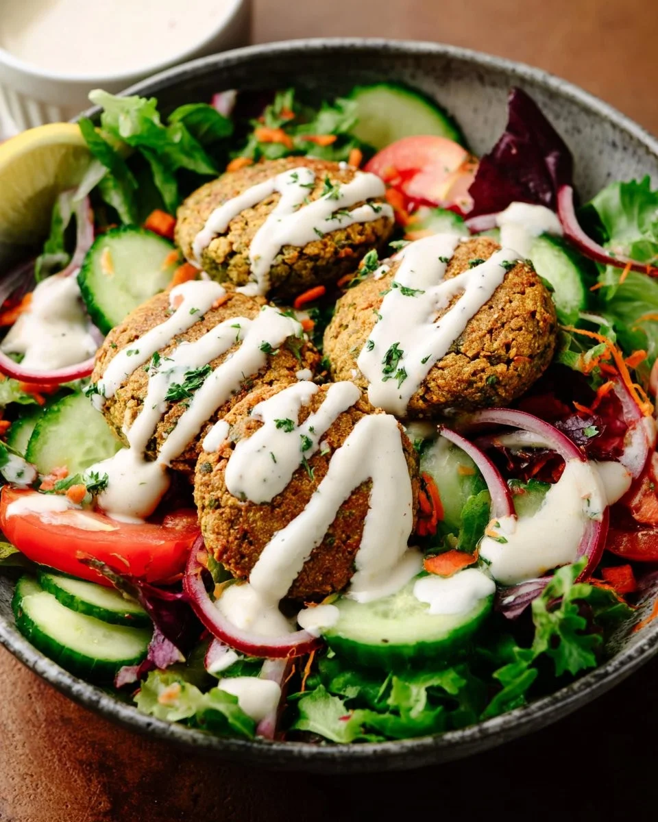 Baked Falafel Salad with two creamy dressings served in a bowl