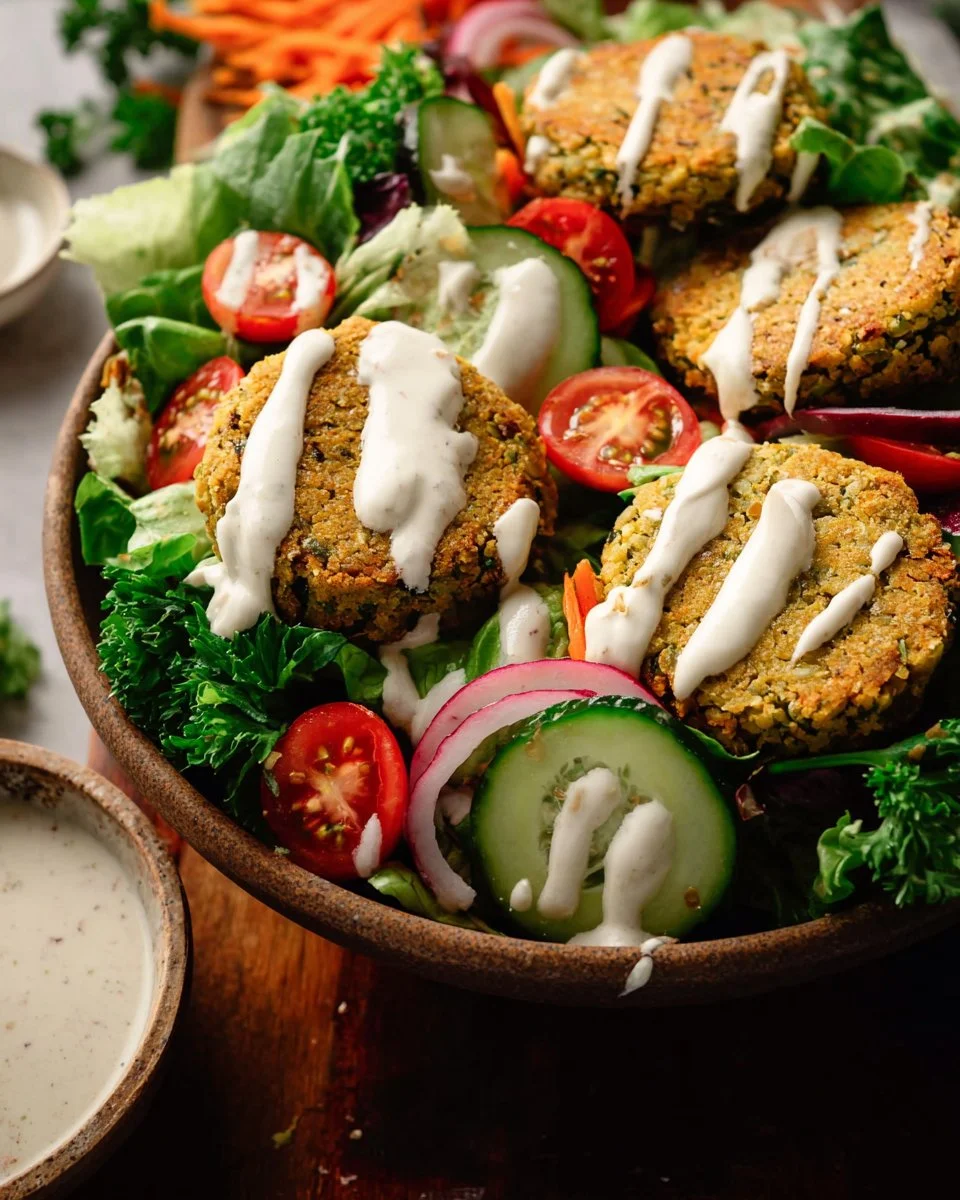Baked Falafel Salad with Two Creamy Dressings
