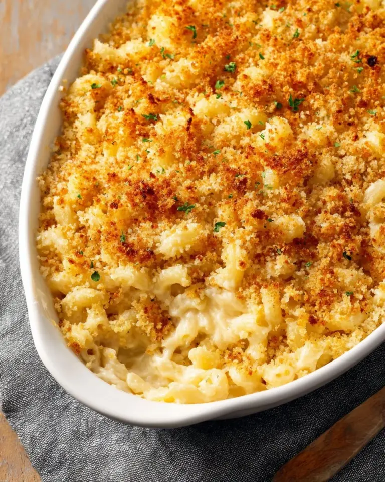 Baked vegan mac and cheese dish topped with crispy breadcrumbs