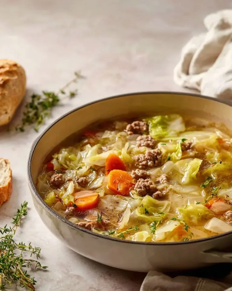 Healthy diet cabbage soup with ground turkey in a bowl garnished with herbs