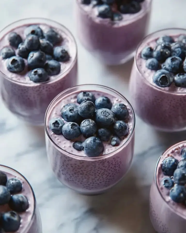 A bowl of blueberry chia seed pudding topped with fresh blueberries and mint.