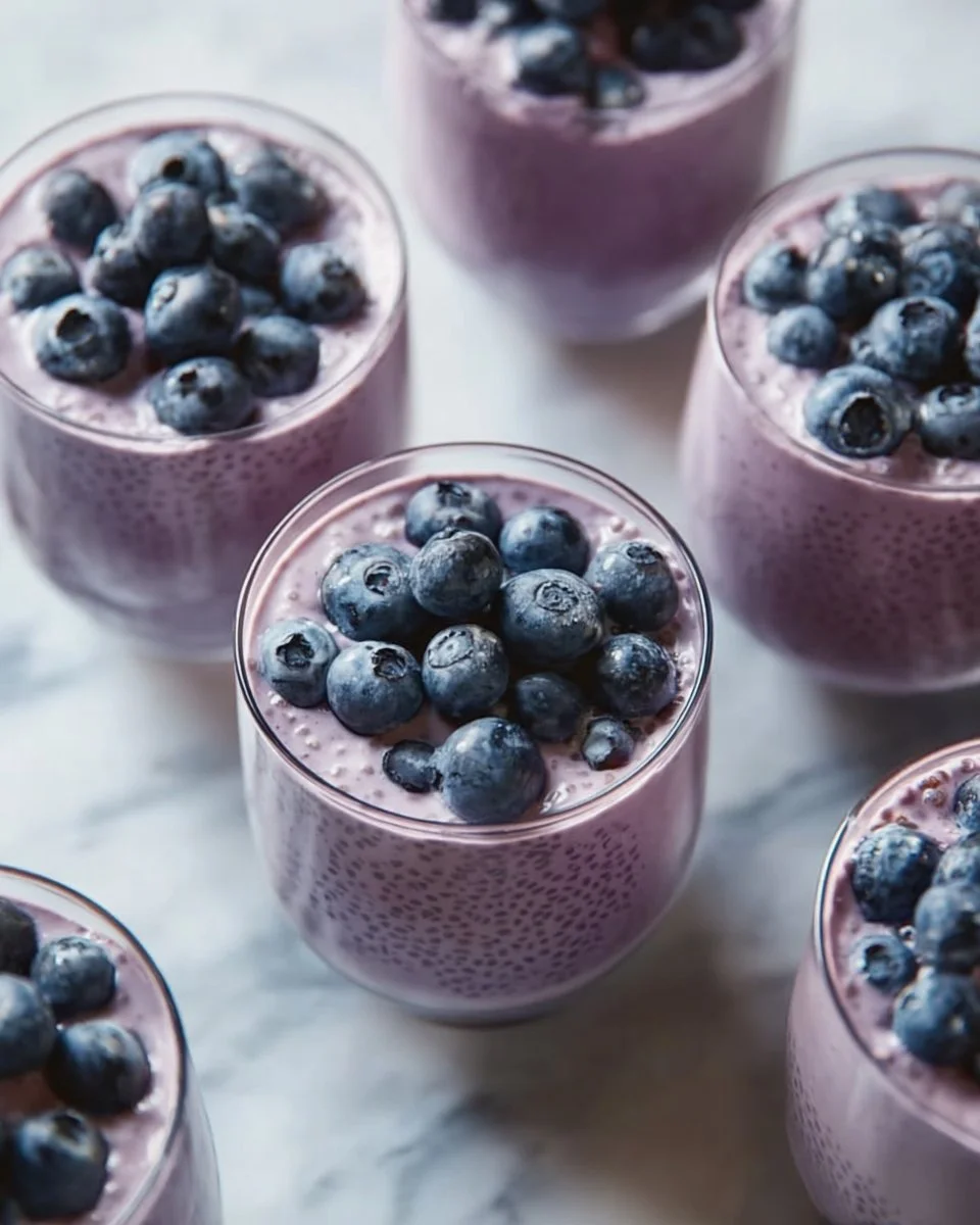 A bowl of blueberry chia seed pudding topped with fresh blueberries and mint.