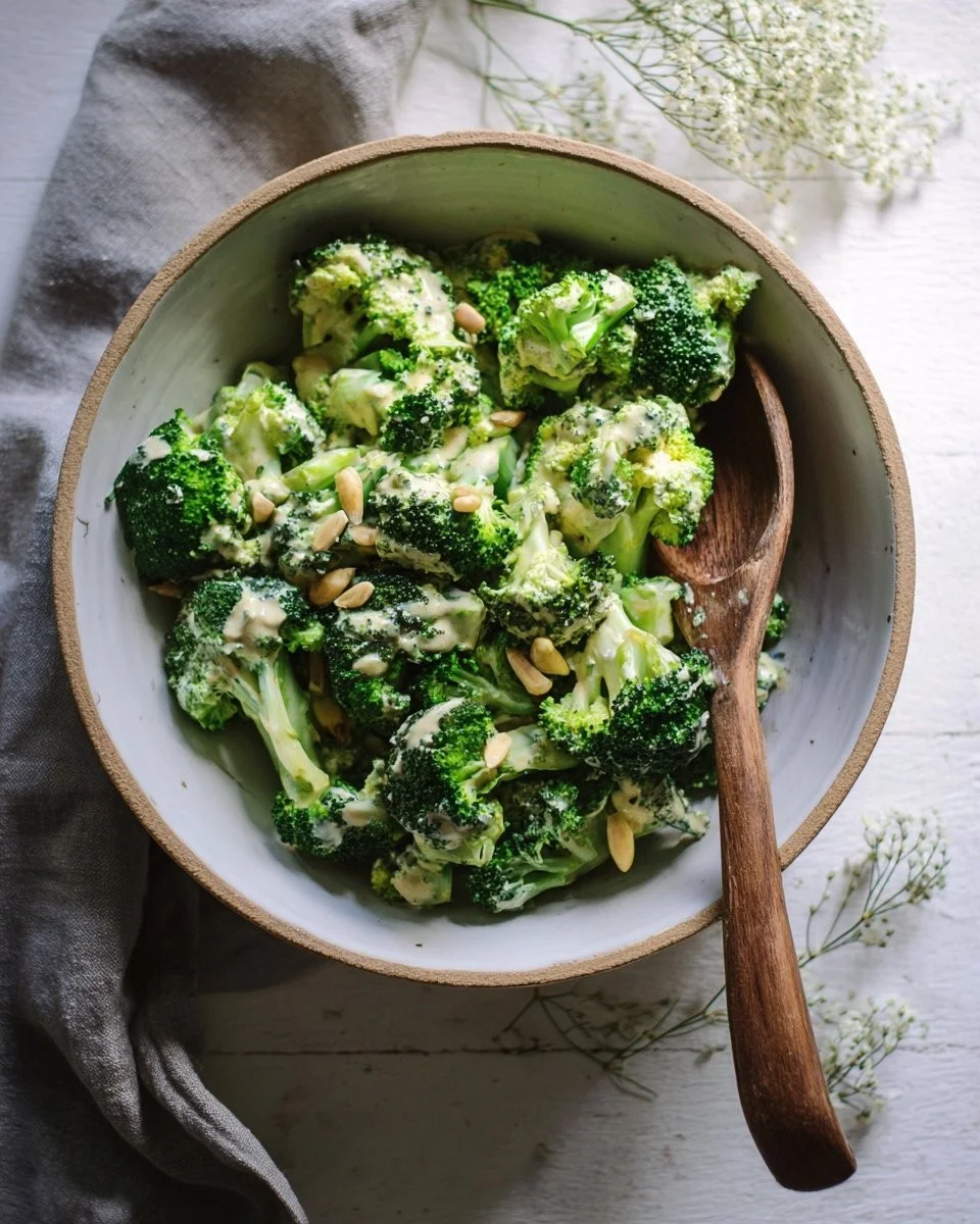 Broccoli topped with tahini-miso dressing on a plate.