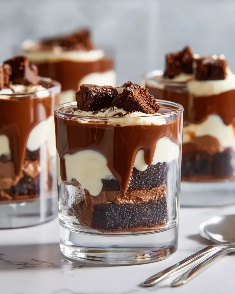 Delicious Brownie Trifle layered with brownies, cream, and chocolate topping