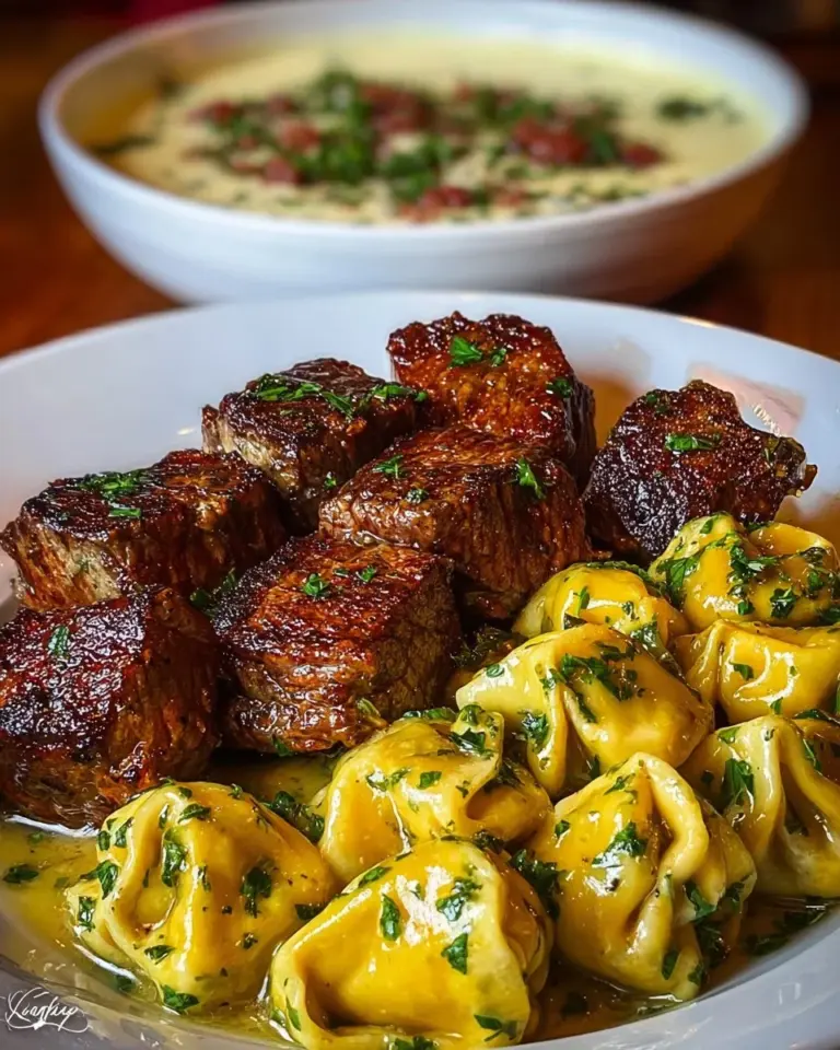 Delicious Butter Steak Bites with Parmesan Tortellini and Garlic Sauce