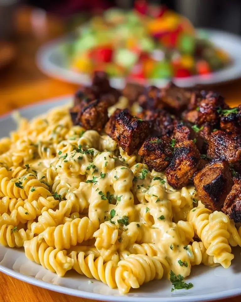 Cajun Beef and Rotini Delight dish garnished with herbs.