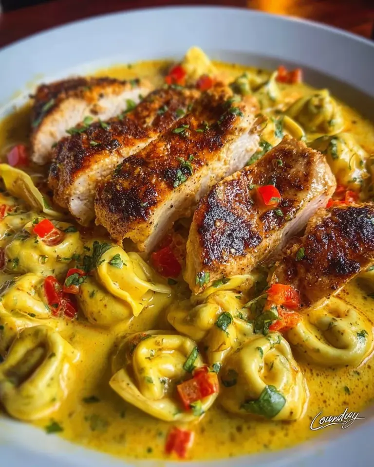 Cajun Garlic Chicken Tortellini in Three-Cheese Cream served in a bowl