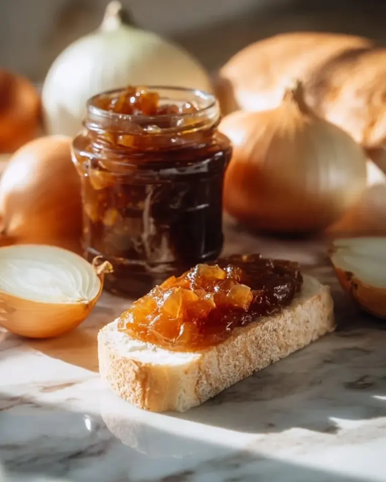 A jar of caramelized onion jam on a wooden table with a spoon