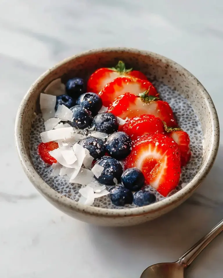 Delicious classic chia seed pudding topped with fresh berries and nuts