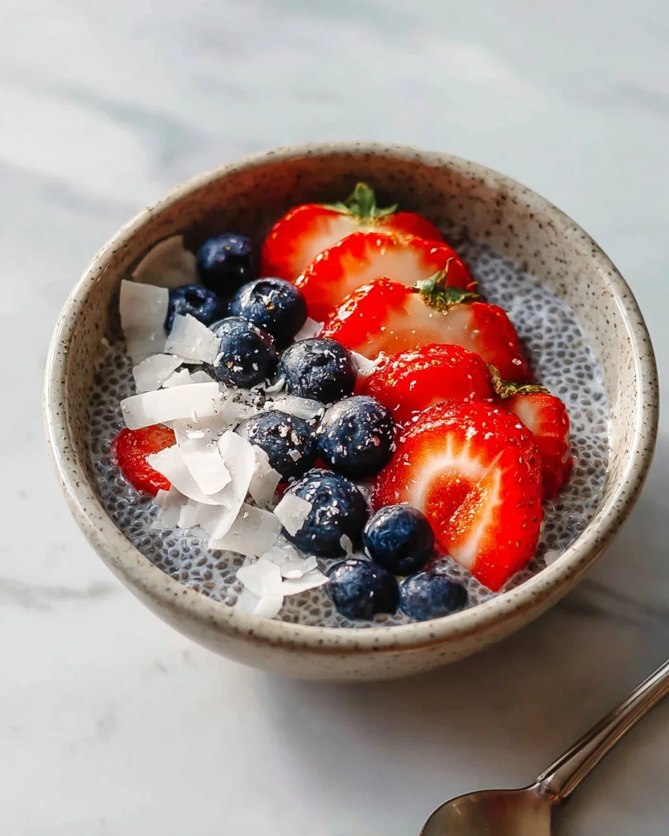 Delicious classic chia seed pudding topped with fresh berries and nuts