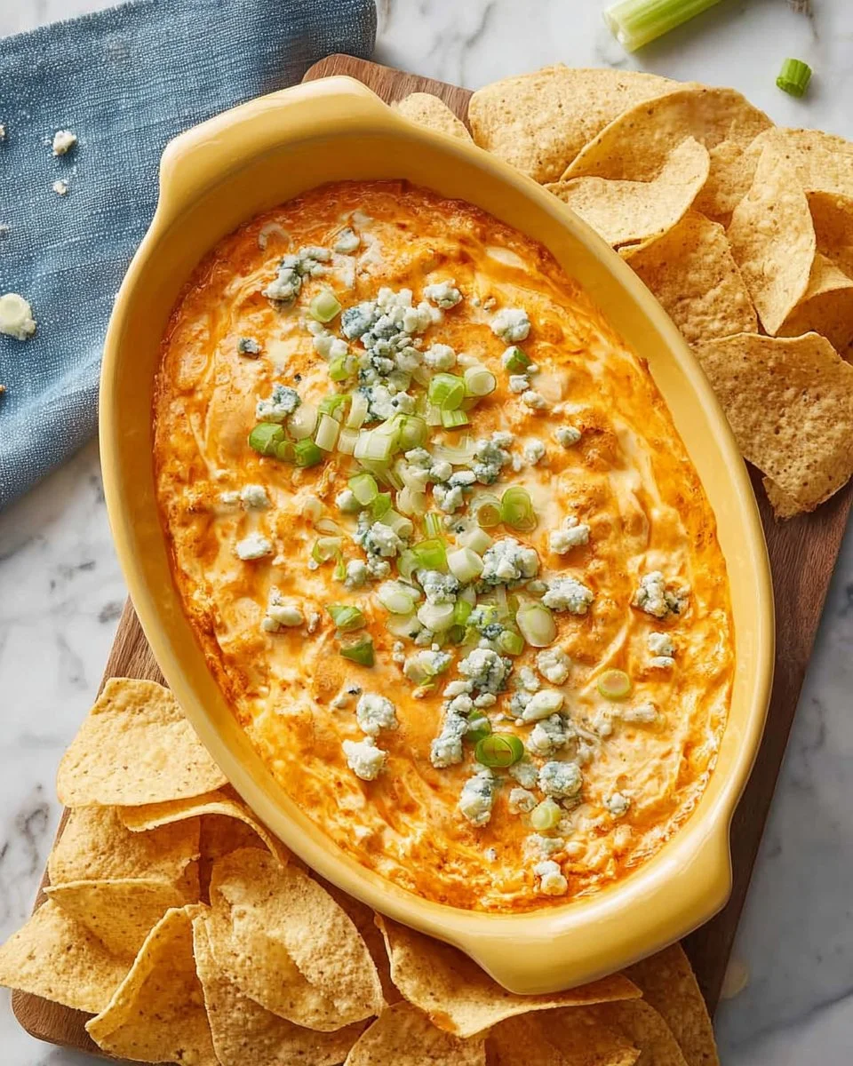Classic Microwave Buffalo Chicken Dip served in a bowl with chips