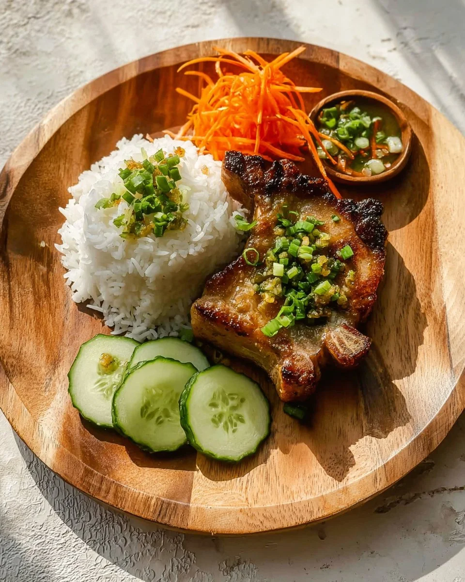Classic Vietnamese pork chops served with herbs and rice.